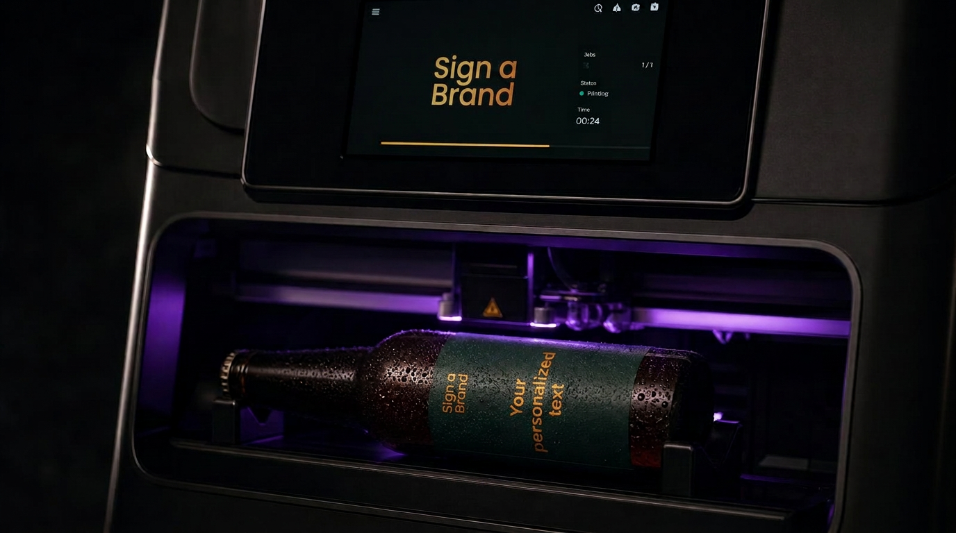 Sign a Brand personalisation machine printing a custom vertical label on a beer bottle